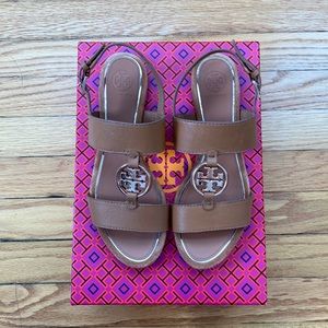 Tory Burch Metal Miller Two Band Calf Leather Sandal in Tan + Rose Gold